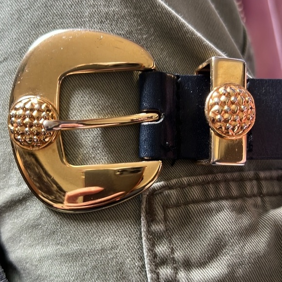 ESCADA St. Michael Collaboration Navy Blue Leather Gold Tone Hardware VTG Belt